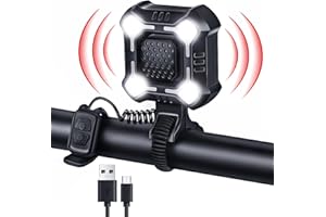EQIIO 140dB Electric Bike Horn with Headlight, 2 in 1 Bicycle Horn 6 Sound Modes USB-C Rechargeable, Bike Bell with Large Ran