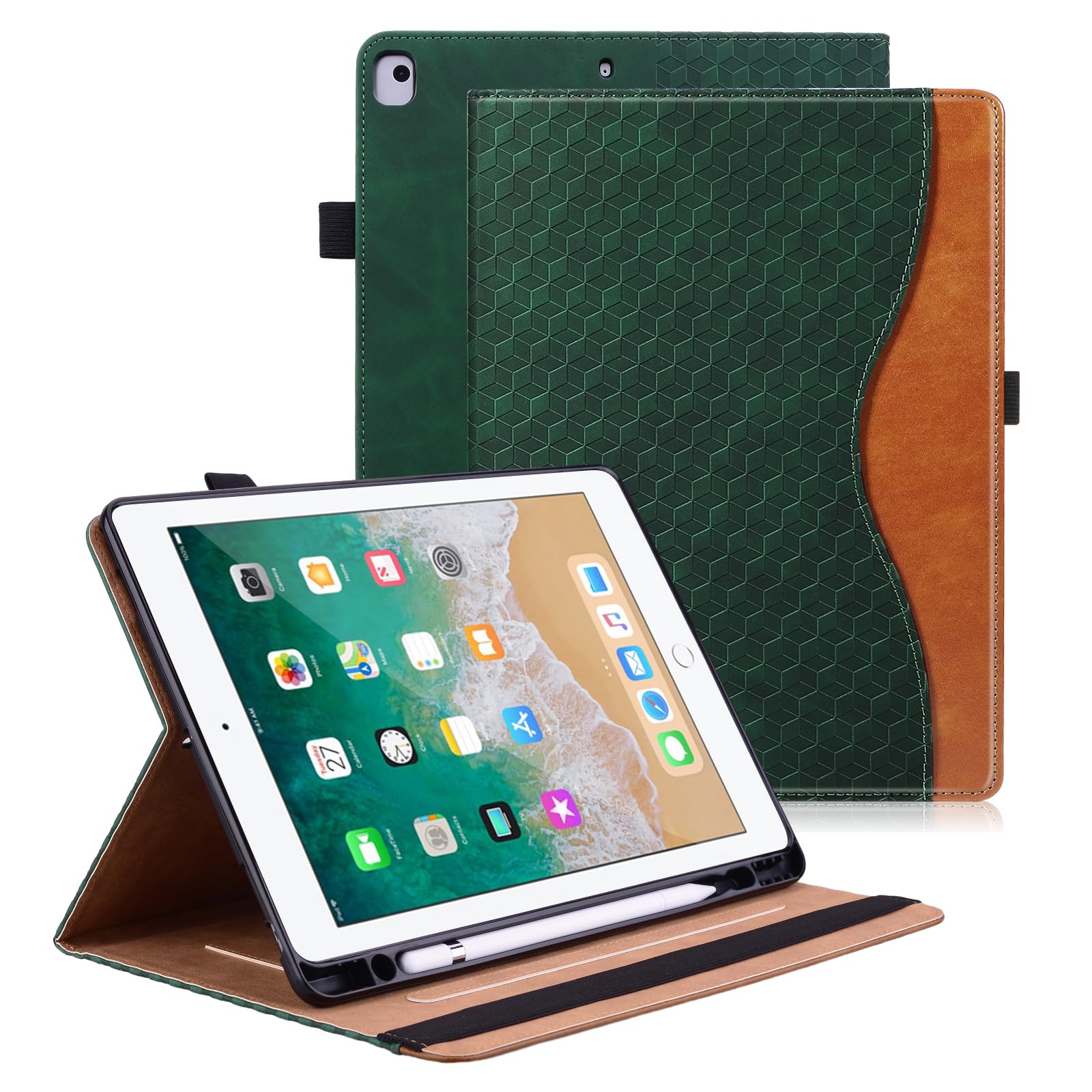 Vkooer Case for iPad 6th/5th Generation 9.7 inch with Pencil Holder - iPad 2018/2017, ipad Air 2/Air 1 Leather Folio Cover with Auto Sleep/Wake Multi Angle Stand - Dark green