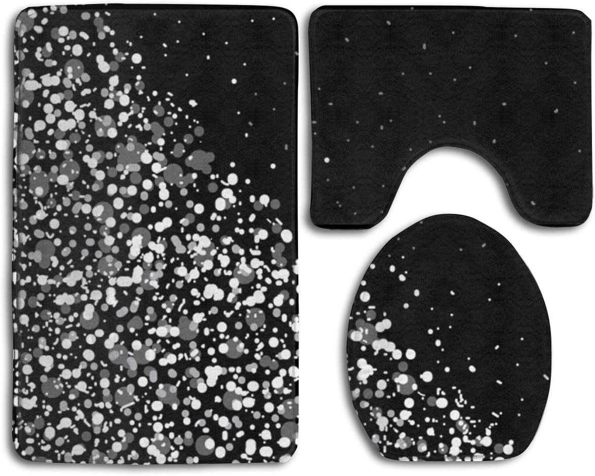 Bathroom Rug Mats Set 3 Piece, Black White Glitter Print Non-Slip Bath Rugs + Toilet Seat Cover + Contour Mat