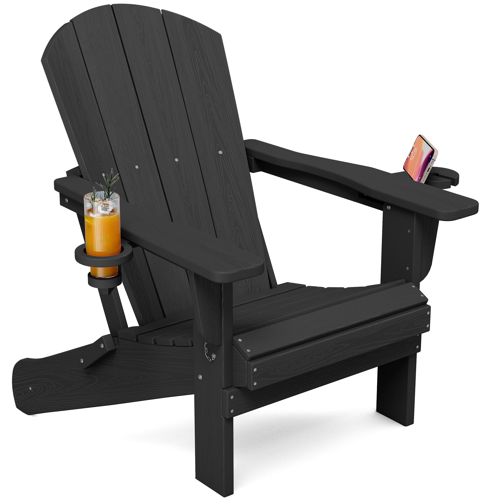SERWALL Folding Adirondack Chair, Dual Cup Holders & All-Weather HDPE, Wood-Like Patio Chair for Backyard, Camping，Pool & Fire Pit- Black Image
