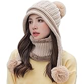 Women Winter Beanie Hat Circle Scarf Set Pompoms Peruvian Ski Snow Ear Flaps Cold Weather Warm Sherpa Knit Hats Fleece Lined
