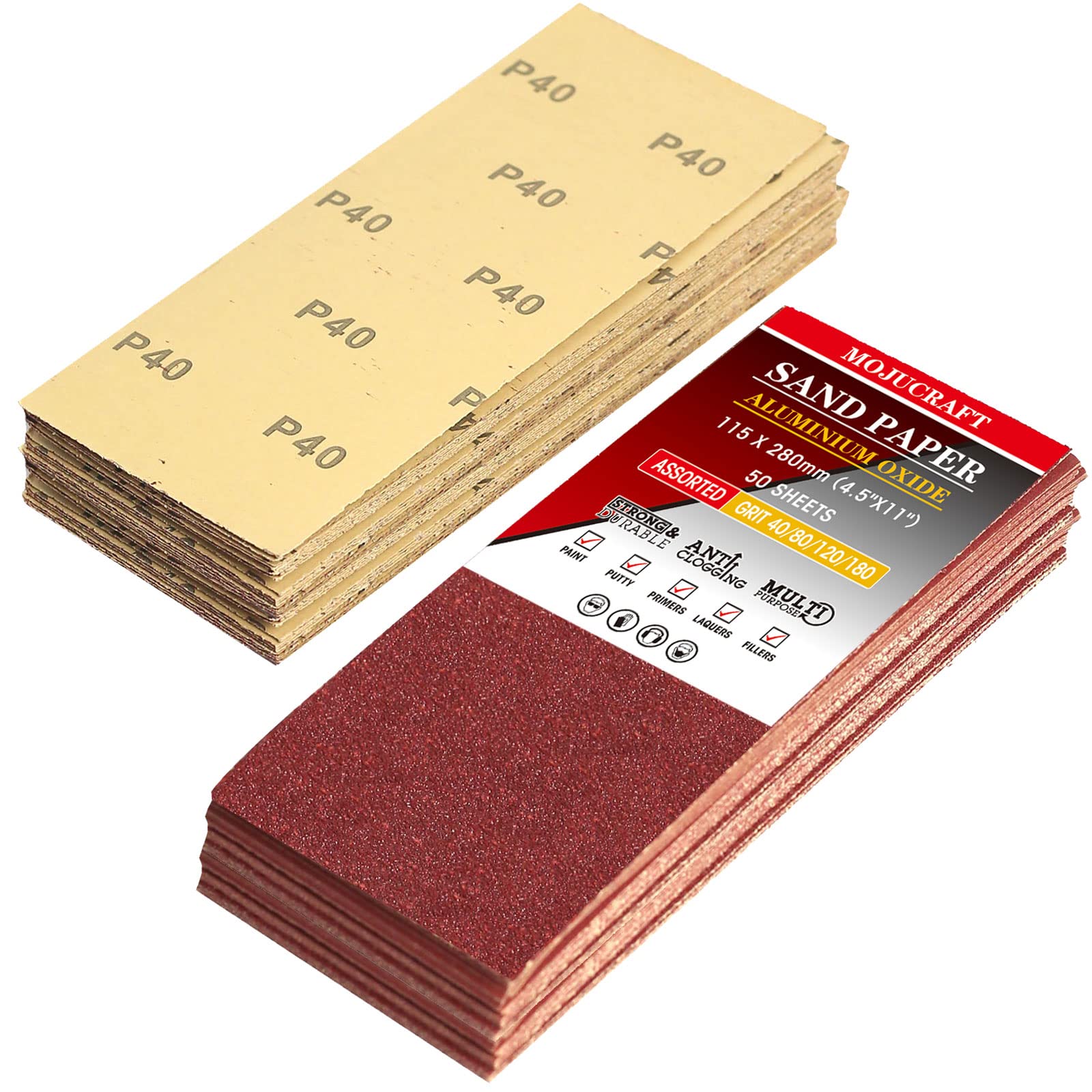 Mojucraft 50 Sheets Sandpaper Set 40/80/120/180 Grits Sandpaper for Wood Metal 115 mm x 280 mm Multipurpose Sandpaper Sheets Cut for Use on Hand Sanders