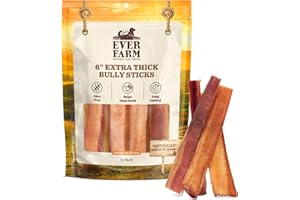 EVER FARM Pet Odor-Free Extra Thick Jumbo Bully Sticks for Large Dogs (6", 10 Pack) – All-Natural, Long-Lasting Dog Chews Made from 100% Grass-Fed Beef, High-Protein & Grain-Free.