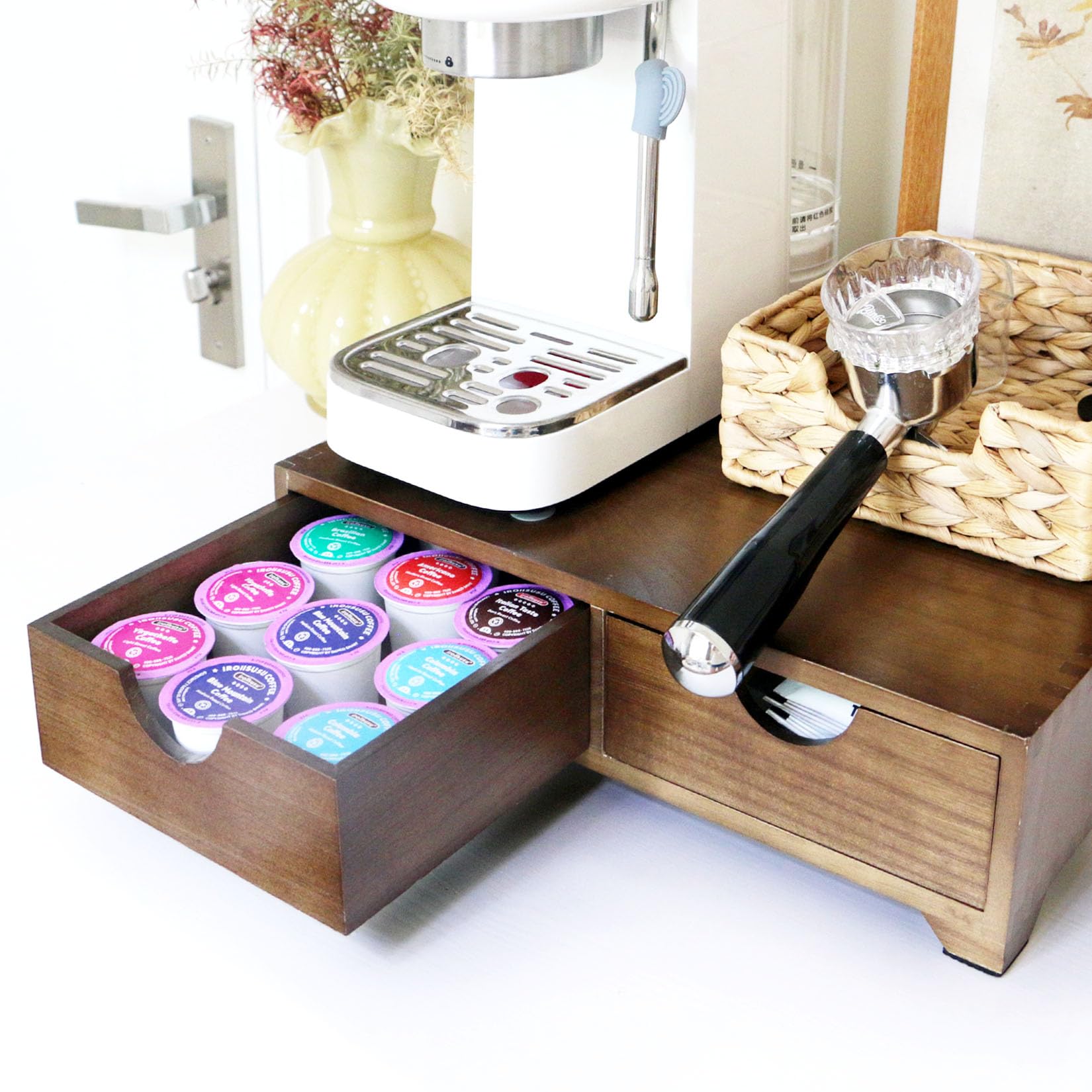Photo 1 of **HAS SOME SCRATCHES***Wooden Coffee Pod Organizer with 4 Anti-Slip Feet, Elevated Coffee Pod Storage Box, Tea & Coffee Capsule Holder, 30 Pod Capacity with Drawer for Moisture Protection