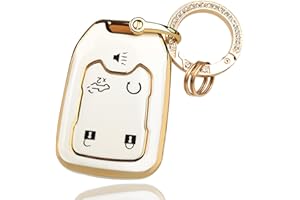OLLEN 5-Button TPU Key Fob Cover, Fit for GMC Acadia 2017-2023, for Terrain 2018-2023, for Sierra 2019-2023, for Chevy Silverado 2019-2022, Full Protection Soft TPU Key Case, with Bling Ring, White