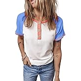 KINLONSAIR Women's Summer Color Block Short Sleeve T Shirt Casual Button Down Slim Fit Crewneck Henley Shirts