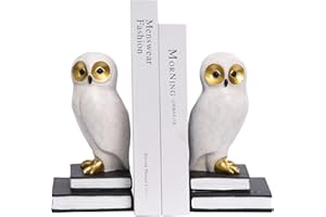 Kakizzy Book Ends for Shelves, Owl Decorative Bookends Bronze Bird Book Stopper Unique Kids Book Holders with Anti-Slip Base Luxurious Bookends for Kids Rooms Office Home Decor(White)