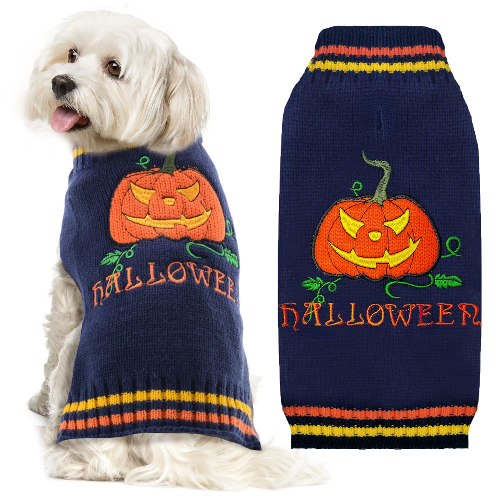 ABRRLO Halloween Dog Jumpers Pumpkin Sweater Dog Halloween Costumes Puppy Cat Turtleneck Knitwear Winter Warm Pet Clothes Funny Holiday Party Outfit Apparel for Small Midum Large Dogs(Blue,M)