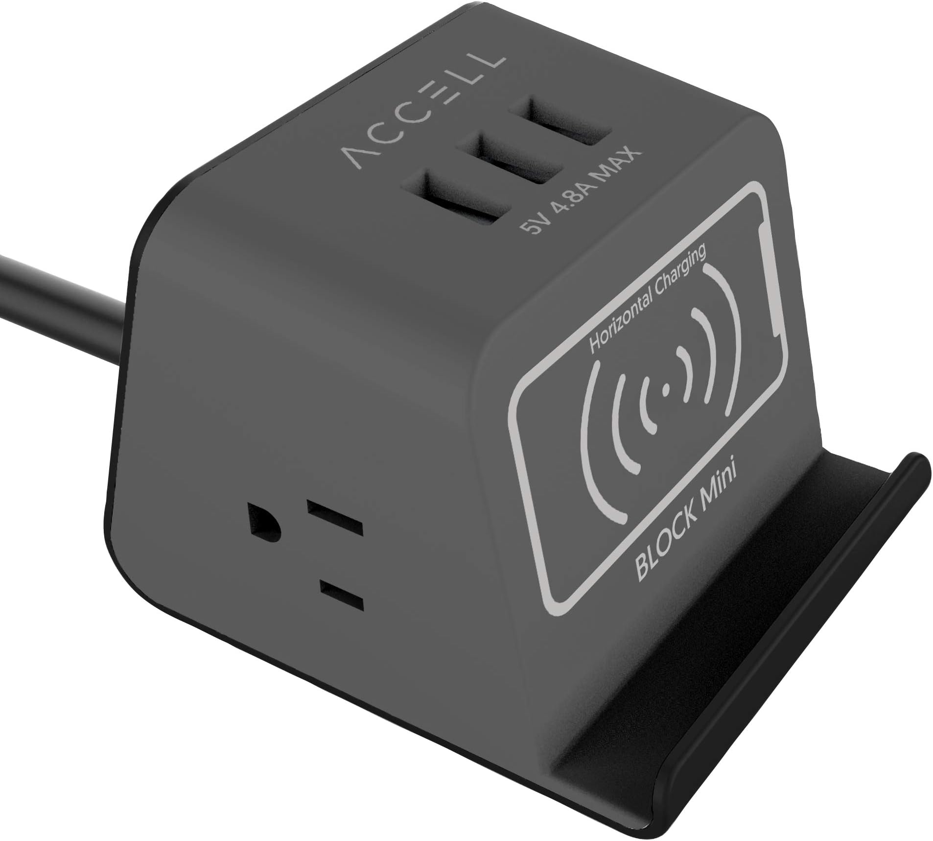 Accell Power Wireless Block Mini - Compact Surge Protector with Qi-Compatible Wireless Charging Stand - 3 USB Type A ports, 2 AC Outlets, 5-Foot Cord - Black