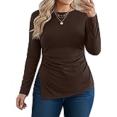Evervibe Women's Plus Size Long Sleeve Shirt Ruched Split Side Tunic Crewneck Slim Fit T-Shirt Basic Casual Going Out Top