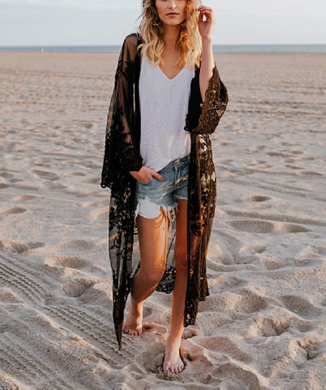 Women’s Bathing Suit Kimono Beach Cover Up Lace Crochet Pool Swimwear (Black) at  Women’s Clothing store