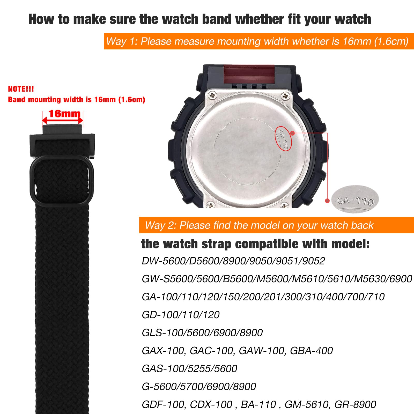 Abanen Stretchy Solo Loop Watch Bands for Casio gshock DW-5600/8900, Soft Elastic Adjustable Braided Wristband Strap with Adjustable Buckle for Casio GA-100/GW-B5600/GB-5600 /GW-6900