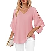 Bebonnie Womens Ruffle 3/4 Sleeve V Neck Double Layers Chiffon Blouses Dressy Tops