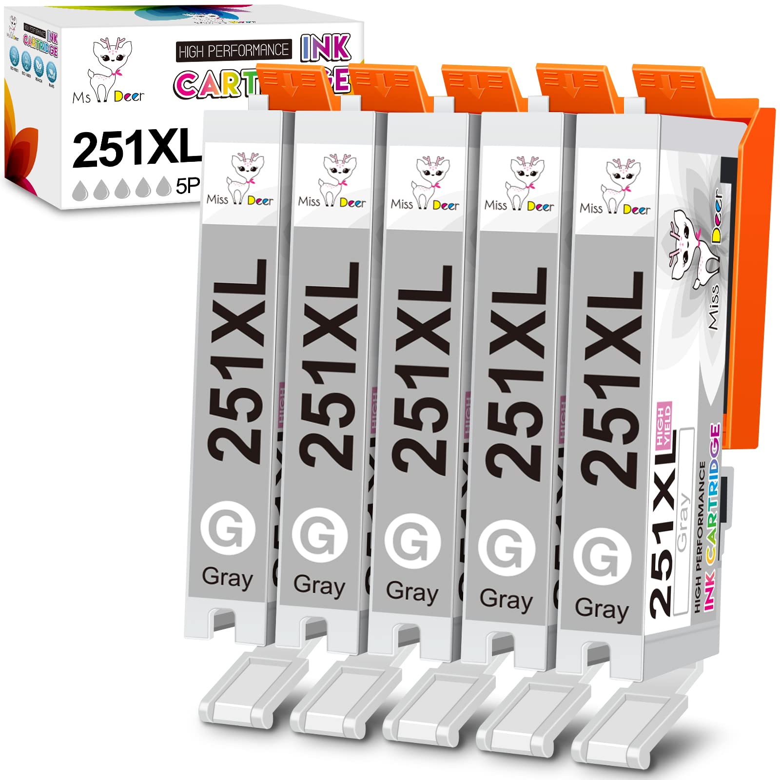 Photo 1 of Miss Deer 251 Ink Cartridges Gray, Compatible Replacement for Canon 250 XL CLI-251XL GY PGI-250XL High Yield Work for Canon Pixma MG6320 MG7120 MG7520 iP8720 Printer 5-Pack (5 Grey)