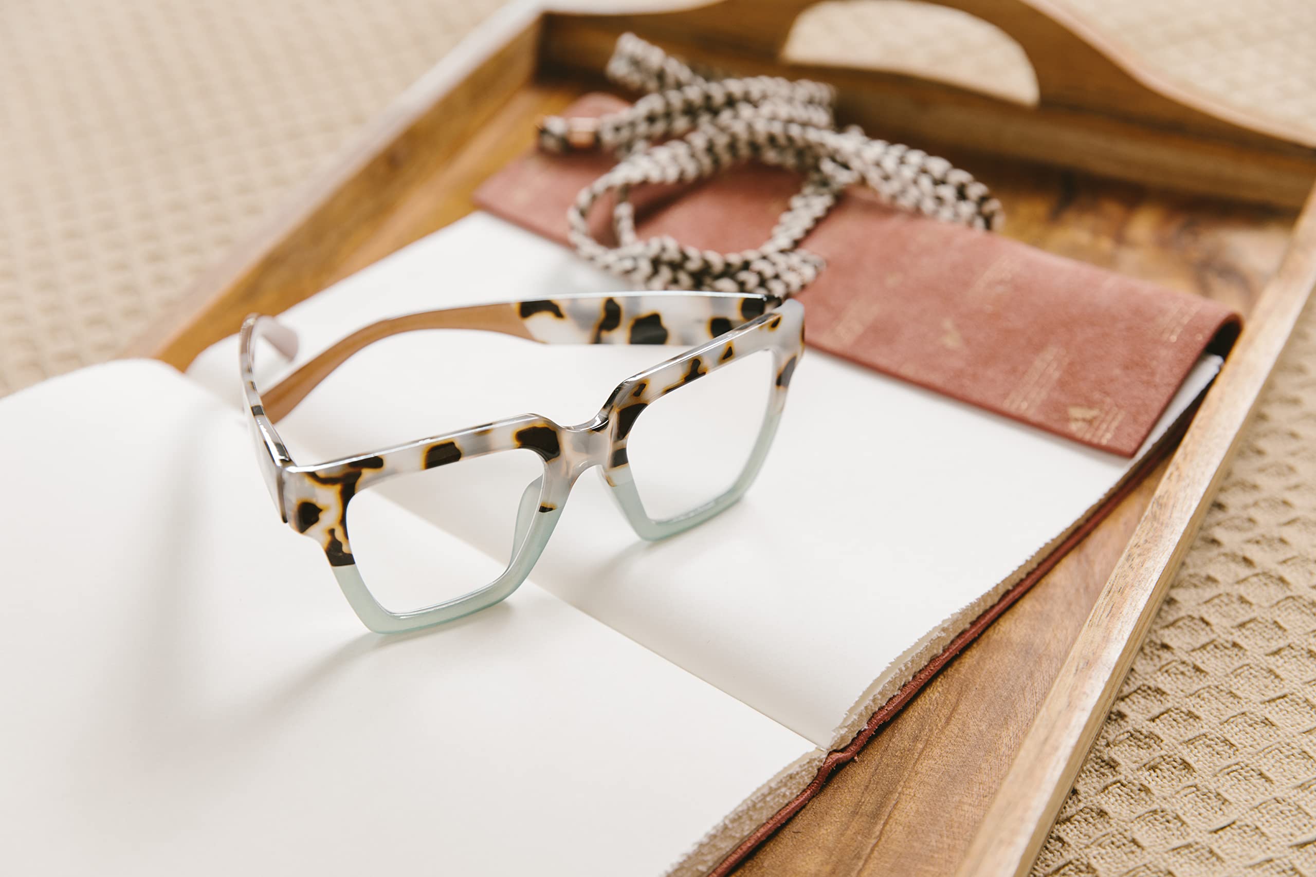 Peepers by PeeperSpecs Oprah\'s Favorite Women\'s Take a Bow Square Blue Light Blocking Reading Glasses - Chai Tortoise/Green +1.50