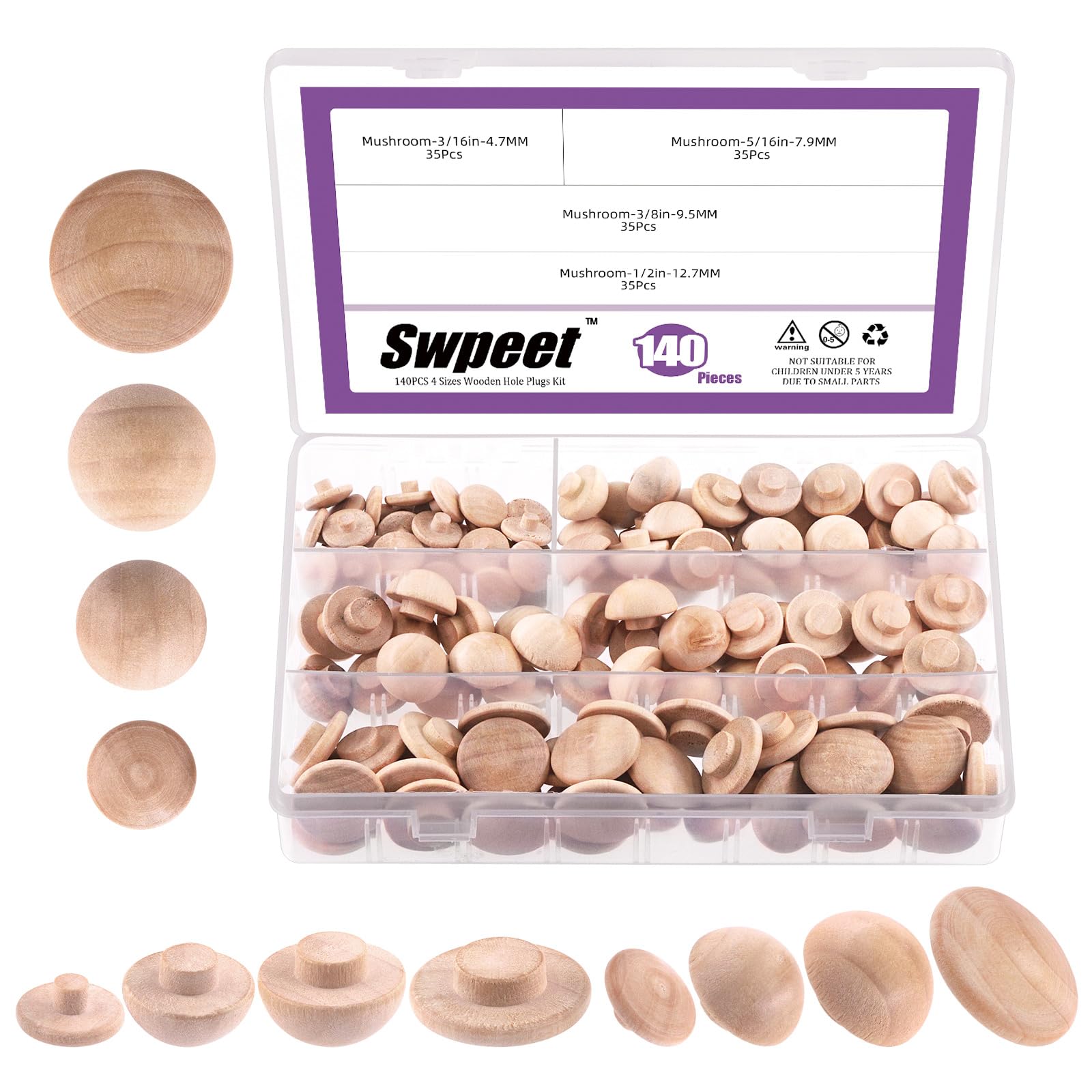 Swpeet 140Pcs Approx 3/16", 5/16", 3/8", 1/2" Wooden Hole Plugs Button Plugs,Hardwood Hole Plugs Maple Button Mushrooms Plugs Set, Flush Type Hole Plugs Snap Hole