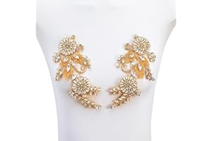 FixrWre Pair Handmade Shining Crystals Rhinestones DIY Clothing Applique Patches, Sewing Beads Sequins Stone Trim Accessories for Wedding Dress Decoration(Gold-1-Small)