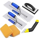 Konvixon 6PCS V-Notch Tile Trowel Set, Grout Float, 2 Sponges &amp; Grout Saw | 1/4" &amp; 1/2" Trowels, Stainless Steel, Rubber Grout Float, Notched Trowel Kit for Tile Setting, Regrouting &amp; Clean