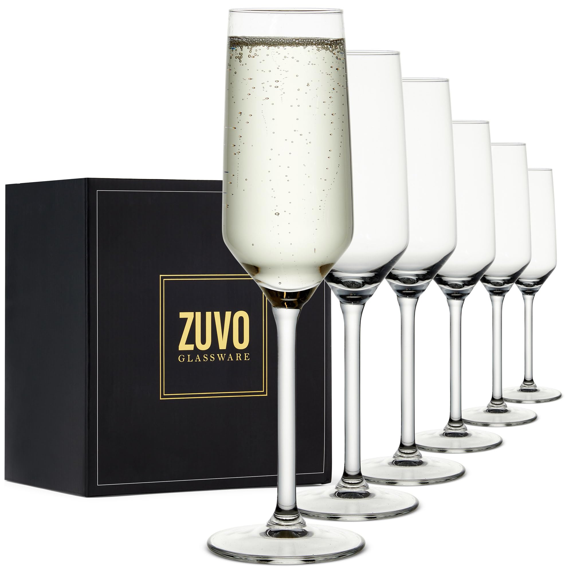 Zuvo Crystal Champagne Flutes Glasses (Set of 6, 21 cl) – Elegant Prosecco Sparkling Wine Glasses with Tall Stems for Weddings and Celebrations