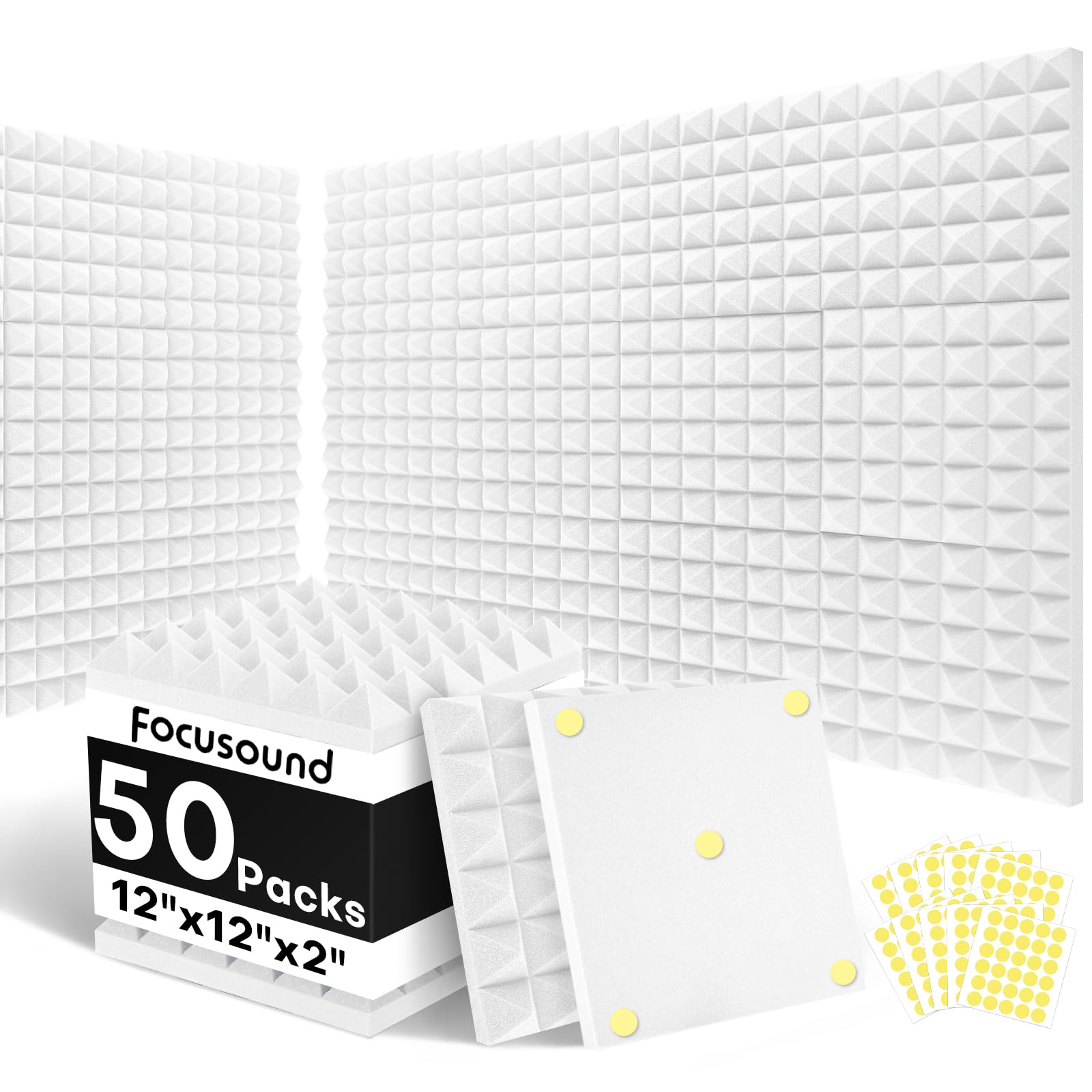 Photo 1 of Focusound White Acoustic Panels 50 Pack 2"x12"x12" with 300 PCS Double-Side Adhesive - Sound Proof Pyramid Foam for Walls, Home Studio Noise Absorption & Echo Control Kit