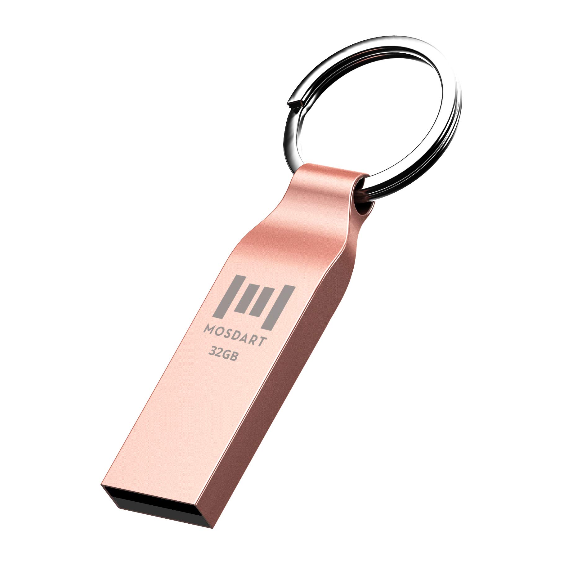 MOSDART Waterproof 32GB USB2.0 Flash Drive, FAT32 Metal Memory Stick with Keychain, for System Back, Data Storage, Rose Gold
