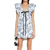 hibshaby Women's Floral Print Mini Dress V Neck Puff Sleeve Dress Short Babydoll Bow Dress