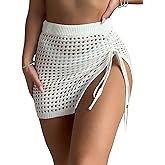 WDIRARA Women's Hollow Out Crochet Cover Up Beach Skirt Sheer Drawstring Split Swimwear Cover Ups