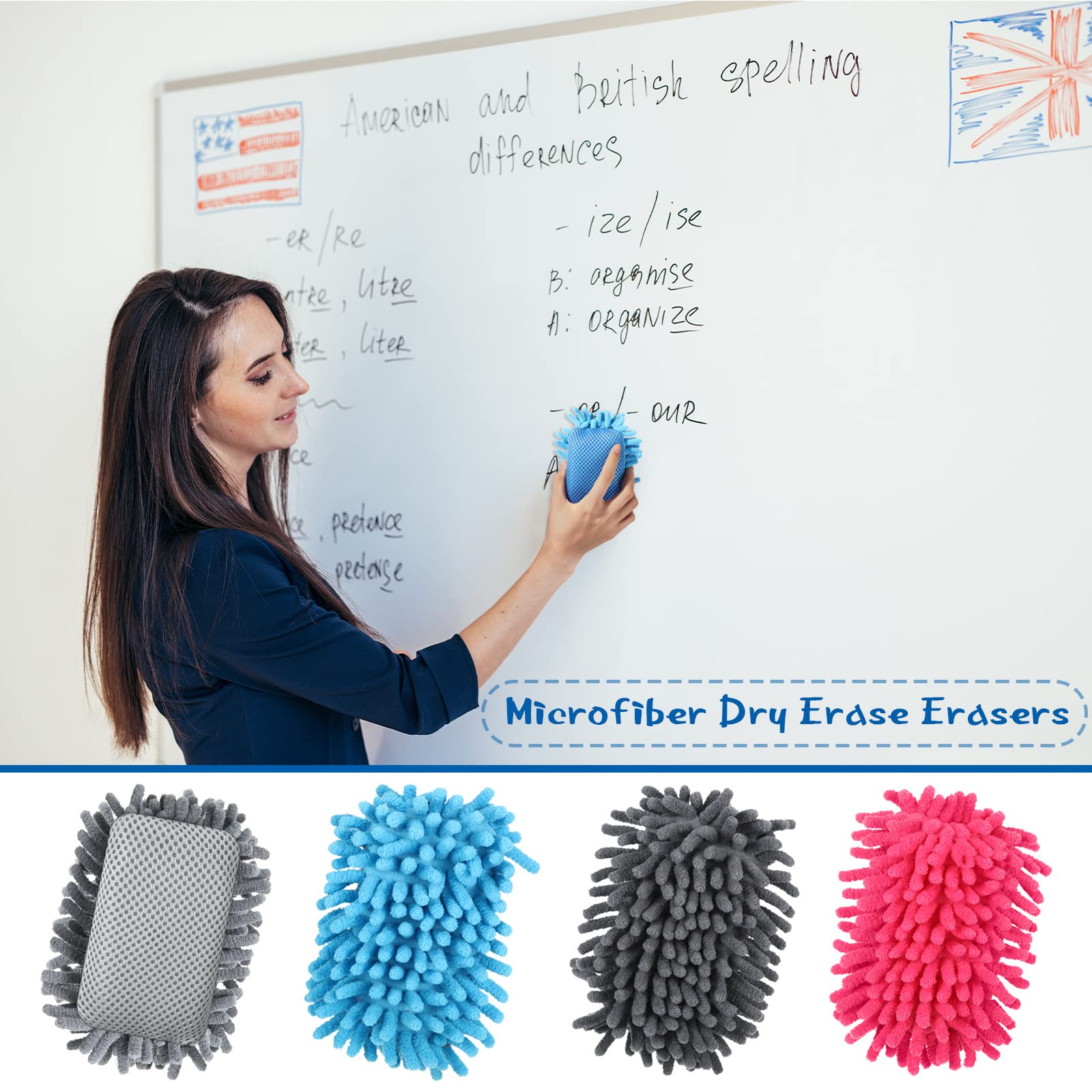 Epakh 4 Pieces Dry Erase Erasers Magnetic Whiteboard Eraser Washable Microfiber Shag for Classroom, Home and Office Use