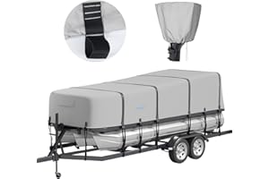 Tuszom Fully 900D Solution Dyed Trailerable Pontoon Boat Cover with Upgraded 14+4 Windproof Side Straps, 100% Waterproof Heavy Duty Boat Cover with Motor CoverLength 25'-28' Beam Width up to 102"