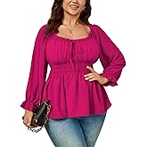 SHESTARR Womens Plus Size Tops Square Neck Long Sleeve Blouse Babydoll Ruffle Peplum Smocked Cute Top