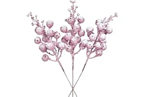 Fomlily 16 Pack Christmas Glitter Berries Stems Clearance, 8" Artificial Christmas Picks Snowy Berry Stems for Christmas Tree Ornaments, DIY Xmas Wreath, Crafts, Holiday and Home Decor (Pink)