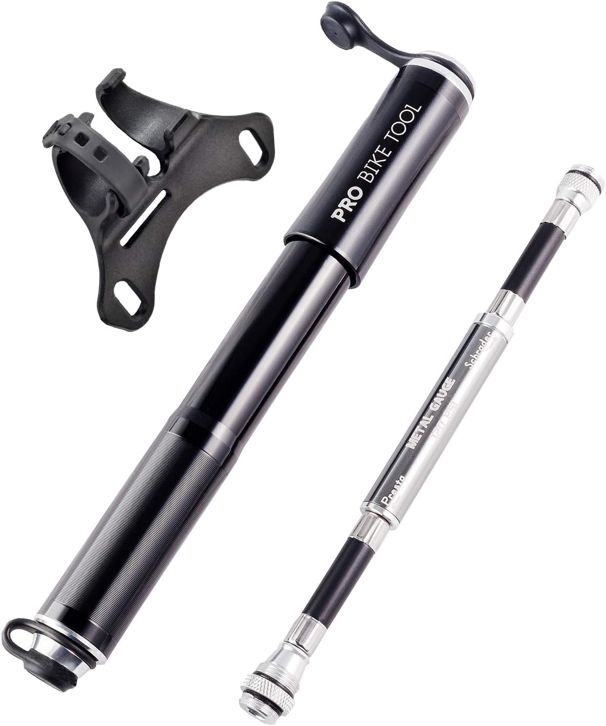PRO BIKE TOOL Bike Pump with Gauge Fits Presta and Schrader - Accurate Inflation - Mini Bicycle Tire Pump for Road, Mountain and BMX Bikes, High Pressure 100 PSI, Includes Mount Kit BIK