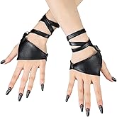 Abeillo Black Fingerless Gloves, PU Leather Half Palm Fingerless Gloves Band Up Costume Glove Gothic Punk Accessories for Women