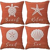 ULOVE LOVE YOURSELF Coastal Beach Throw Pillow Covers 18 x 18 Inch Set of 4 Seaturtle Starfish Shell Sand Dollar Summer Beach House Decor Ocean Theme Decorative Cushion Covers for Couch Sofa