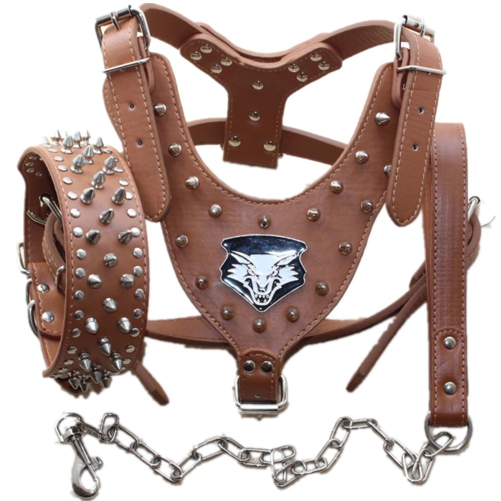 haoyueer Medium & Large Breed Leather Spiked Studded Dog Harness,Collar & Leashes 3Pcs Set for Medium & Large Dog Pit Bull,Mastiff, Boxer, Bull Terrier (L, Brown)