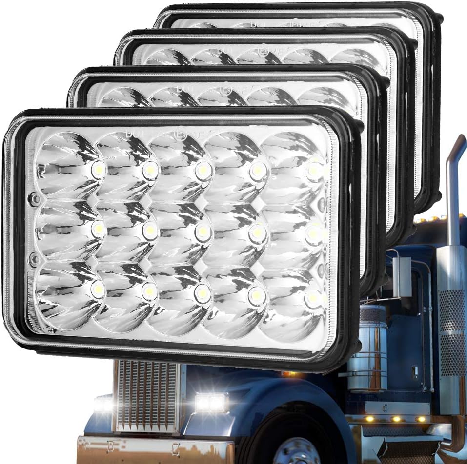 Classic 4X6 Inch Ultra Bright Led headlights for for H4651 H4652 H4656 H4666 H6545 Freightliner Kenworth Peterbilt International Volvo Sterling Western Star Mack(Black 4Pcs)