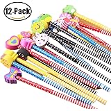BUSHIBU 12 Pack Cartoon Pencil With Eraser Colorful Novelty Cartoon Animals Stripe Assorted Colorful Kids Pencils