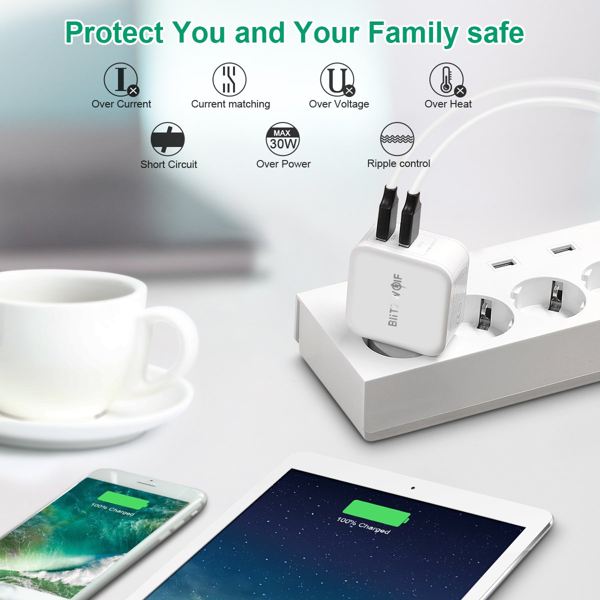 USB C Ladegerät mit Power Delivery, BlitzWolf QC3.0 30W 2-Port (Typ C PD & 5V 2.4A) USB Netzteil Typ C PD Ladegerät für iPhone X / 8/7/6 / 6S / 5S, Samsung Galaxy S9 / S8 / S8 Plus, Huawei P9 / Mate 9, HTC, LG, Xiaomi, iPad, Tablet (Weiß)