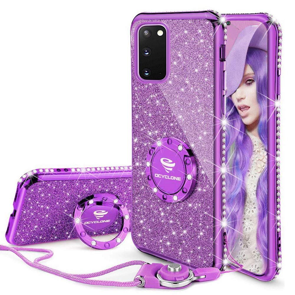 OCYCLONE for Galaxy S20 Case, 6.2in Glitter Diamond Kickstand S20 Phone Case with Ring&Lanyard Designed for Girls Women, Bling Protective Case for Samsung Galaxy S20 - Purple