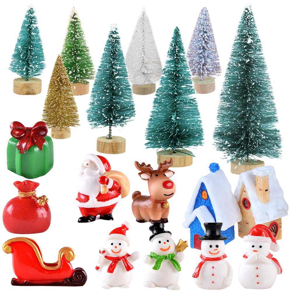 Miniature Christmas Tree,16 Pieces Mini Christmas Trees and 11 Pieces Christmas Style Figurines Snowman Santa Claus Elk Cute Cartoon Xmas Decor Christmas Tree for Christmas Crafts Tabletop Decor