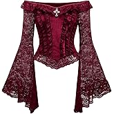 BEAUDRM Women's 70s Renaissance Gothic Off Shoulder Tops Y2k Bell Flared Sleeve Lace Mesh Crop Top Country Concert Outfits