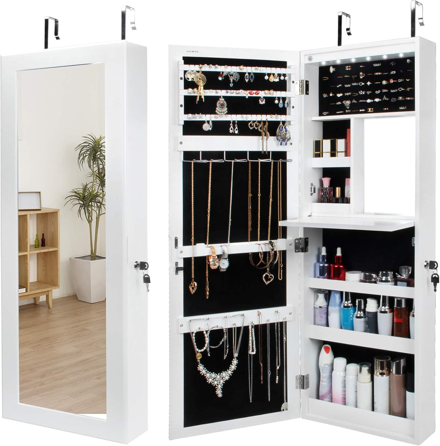 Homde Jewelry/Cosmetic Armoire 6 LED Lockable Jewelry Cabinet Wall/Door Mounted Jewelry Organizer Gift for Women Girls with Full Length Mirror, Makeup Dresser, Build-in Makeup Mirror (White)