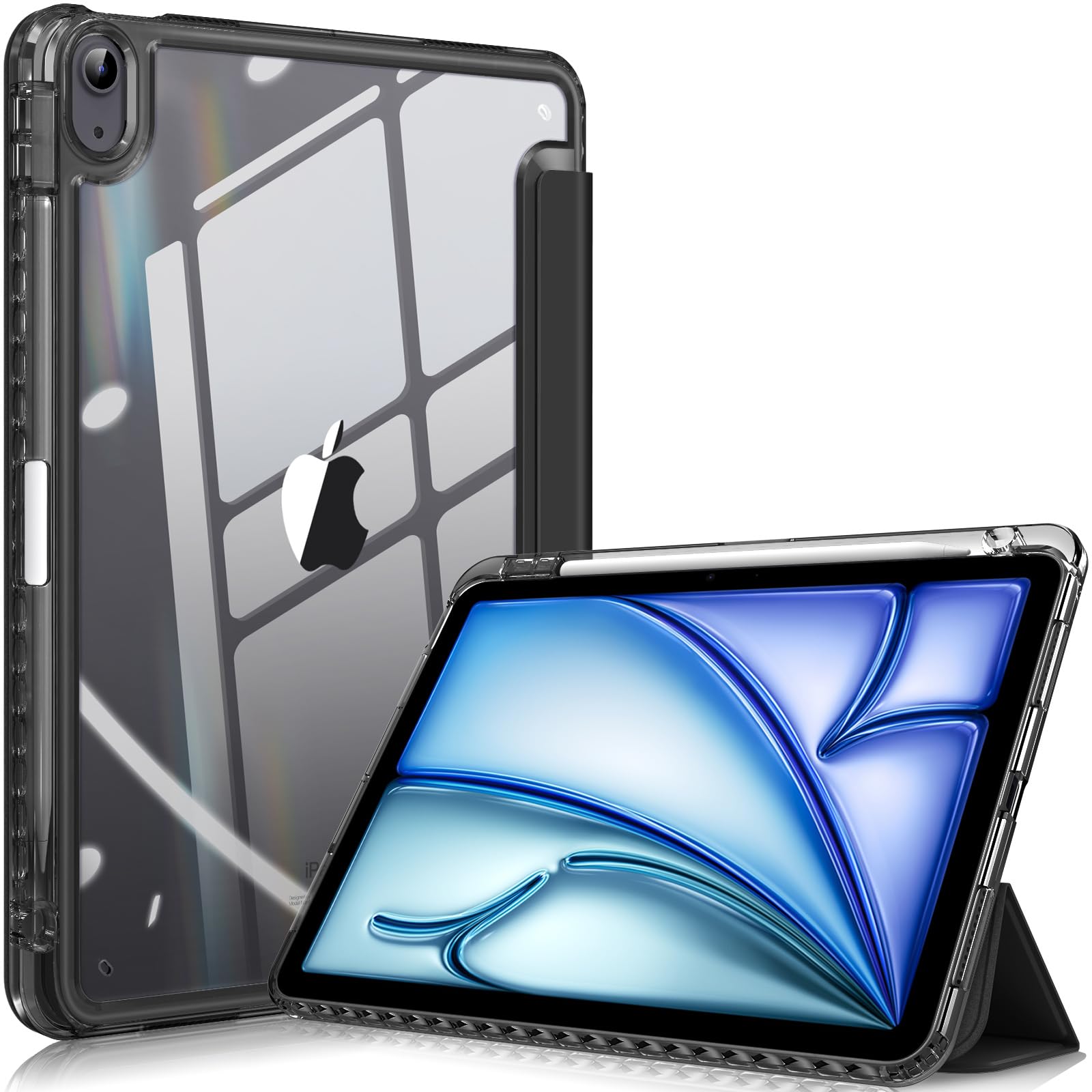 FINTIE Hybrid Case Compatible with iPad Air 5th Generation (2022) / iPad Air 4th Generation (2020) 10.9 inch - Slim Clear Back Cover with Pencil Holder, Auto Wake/Sleep, Classic Black