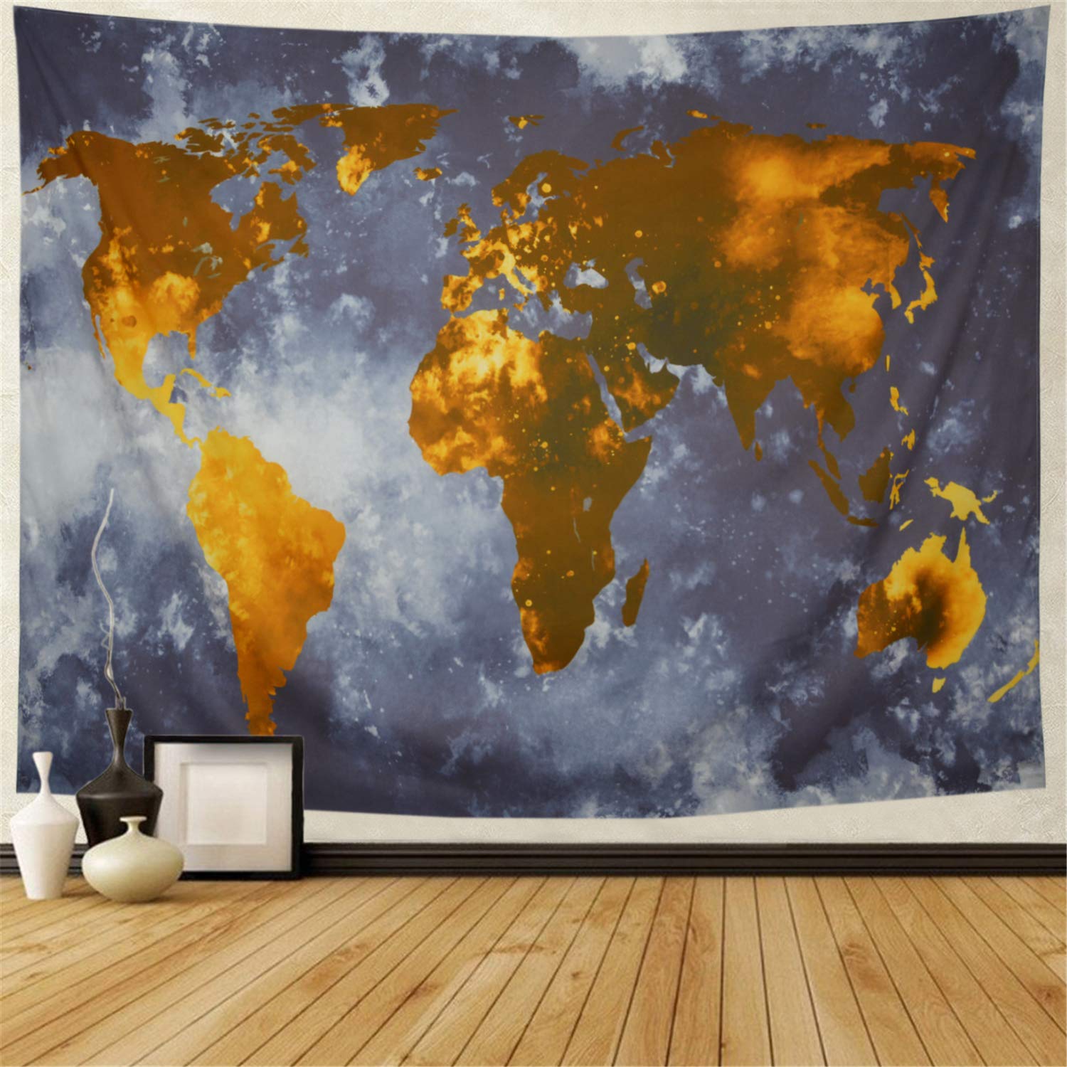 World Map Tapestry Gray Gold World Tapestry Golden World