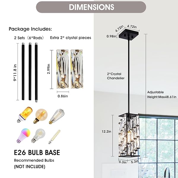 BESYTAL CRYSTAL PENDANT LIGHTS KITCHEN ISLAND 2 PACK, MODERN BLACK CHANDELIER HEIGHT ADJUSTABLE, HANGING LIGHTS FOR KITCHEN ISLAND DINING ROOM BEDROOM