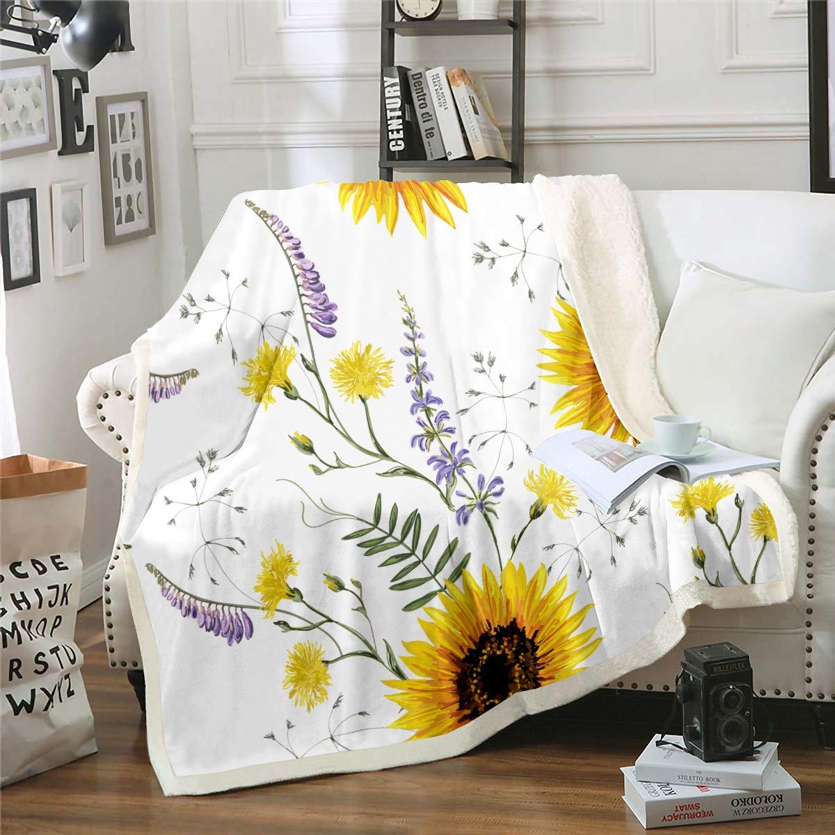 Loussiesd Sunflower Sherpa Blanket for Women - Floral Print Fleece Throw With Yellow Flowers and Botanical Branches - Breathable Plush Room Decor for Baby - Air Conditioning - 30"x40" — image 1