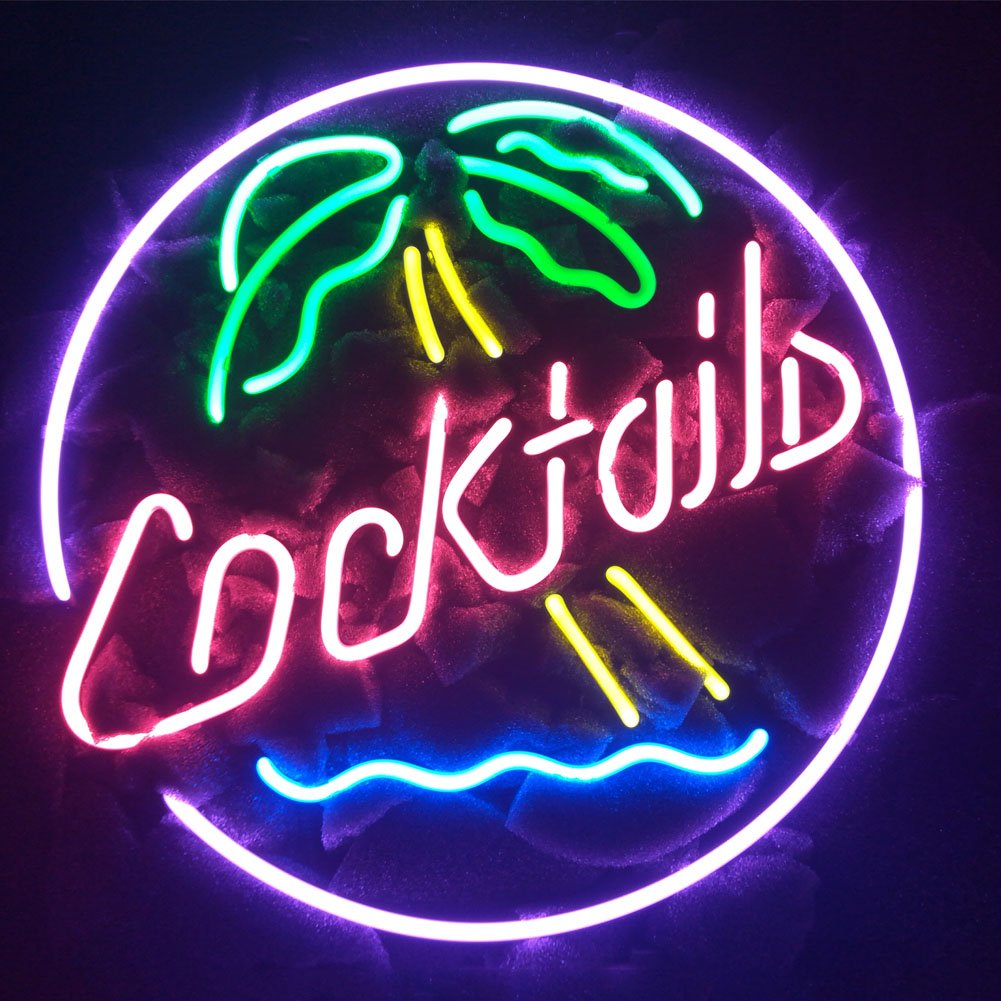 COCKTAILS PALM TREE Real Glass Neon Light Sign Home Beer Bar Pub Recreation Room Game Room Windows Garage Wall store Sign (17"x14")