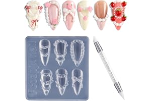 Fcozpjk Silicone Nail Molds, 3D Cake Cream Nail Art Mold with Carving Pen Happy Birthday Nail Design Creamy Bow Hearts Charms
