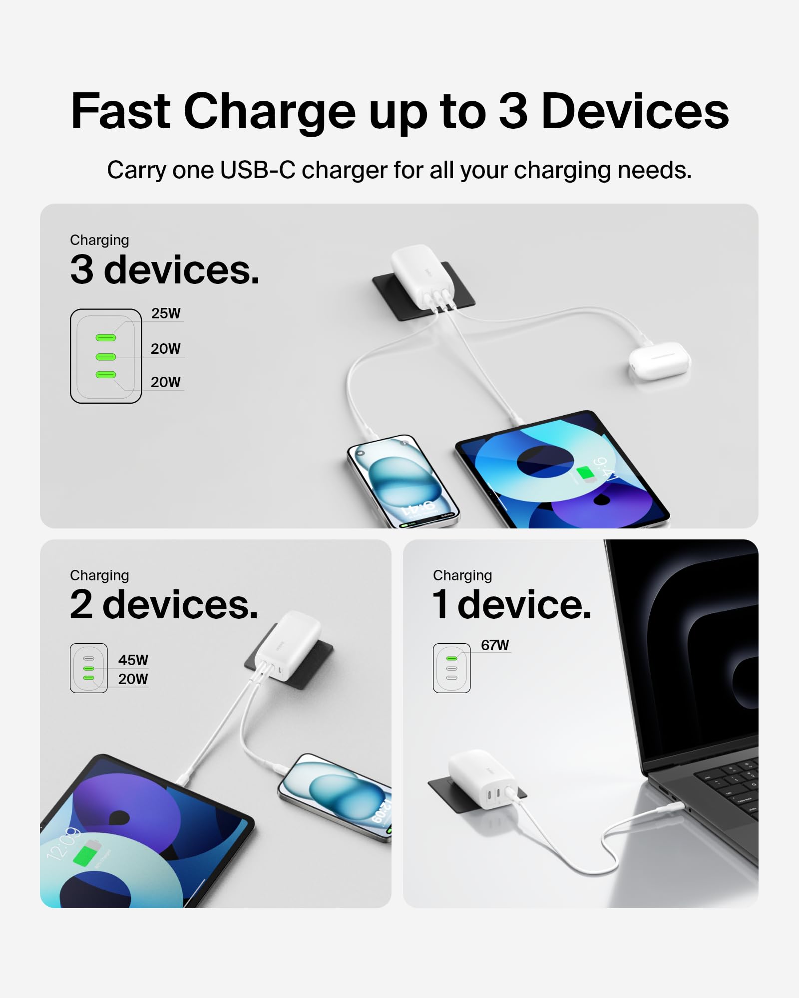 Belkin 3-Port USB C Charger Block 67W - PPS, USB-C PD3.1 Super Fast Charging Charger - Samsung Galaxy S25, Apple iPhone 17, Air, Pro, MacBook, AirPods, Nintendo Switch 2 & More - White