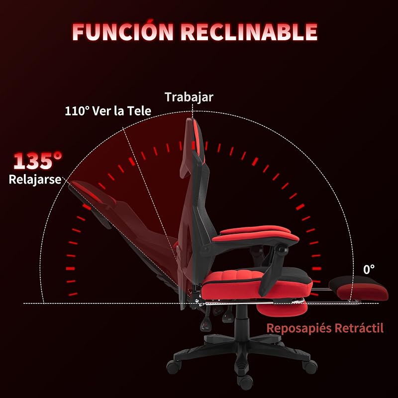 Silla Gaming Giratoria de Malla con Reposapiés Retráctil Rojo — foto 6 de 8